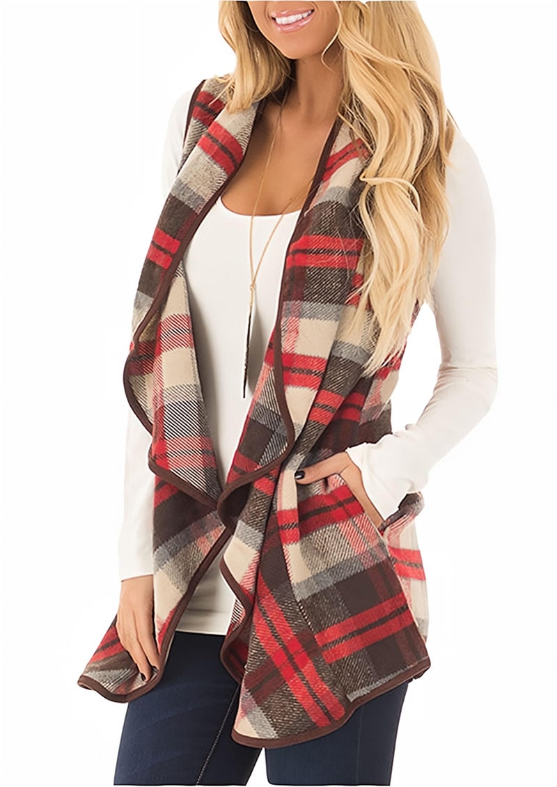 Unidear Womens Casual Plaid Print Sleeveless Open Front Cardigan Sweater with Pockets Light Red L - Image 1